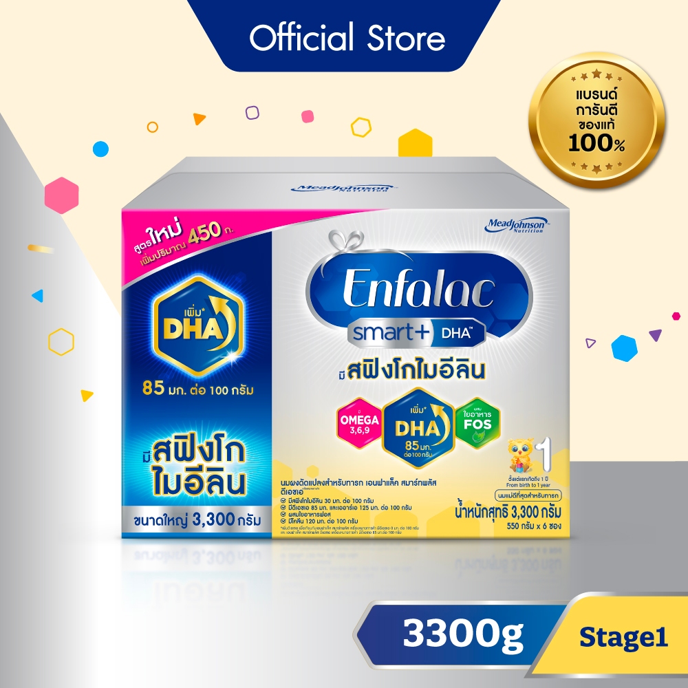 นมผง เอนฟาแล็ค สมาร์ทพลัส ดีเอชเอ สูตร1 (3300 กรัม) Enfalac Smart+ DHA Stage1 (3300 g)