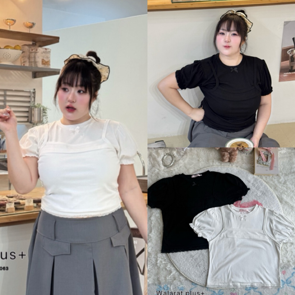 WP เสื้อ2ชิ้นติดกัน สายเดี่ยวแขนตุ๊กตา แต่งด้วยชายลูกไม้น่ารัก ไซส์ใหญ่ สาวอวบ