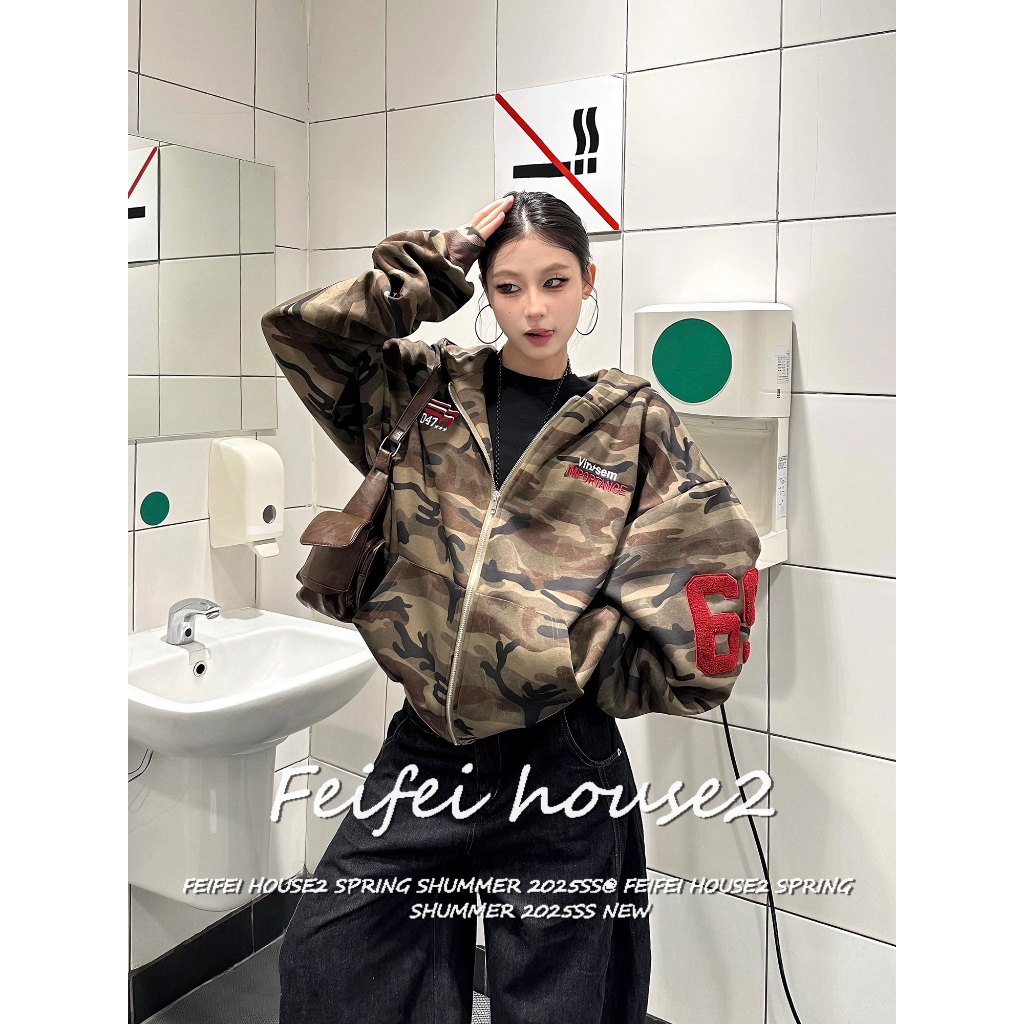 [Summer American hooded coats camouflage]เสื้อโค้ทกีฬาลายพรางซิปปักตัวเลขฤดูร้อนสำหรับผู้หญิง