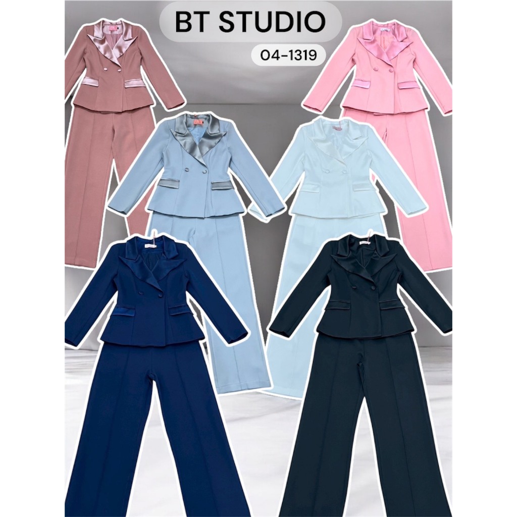 BT 04-1319 เซท 2 ชิ้น เสื้อแขนยาวคอปก กระดุมหน้า กระเป๋าหน้า มาพร้อมกางเกงขายาว ซิปหลัง ใส่ทำงาน ออกงาน