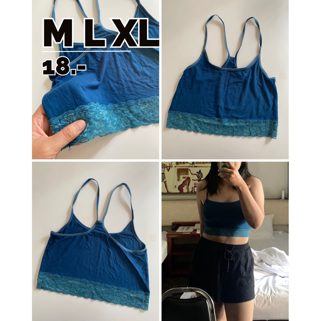 Cr1800 มือสอง M L XL ✨เสื้อครอป/บราเลตสีน้ำเงินเข้ม ทรง Racerback ด้านหลังเก๋ ๆ ชายเสื้อแต่งลูกไม้สี