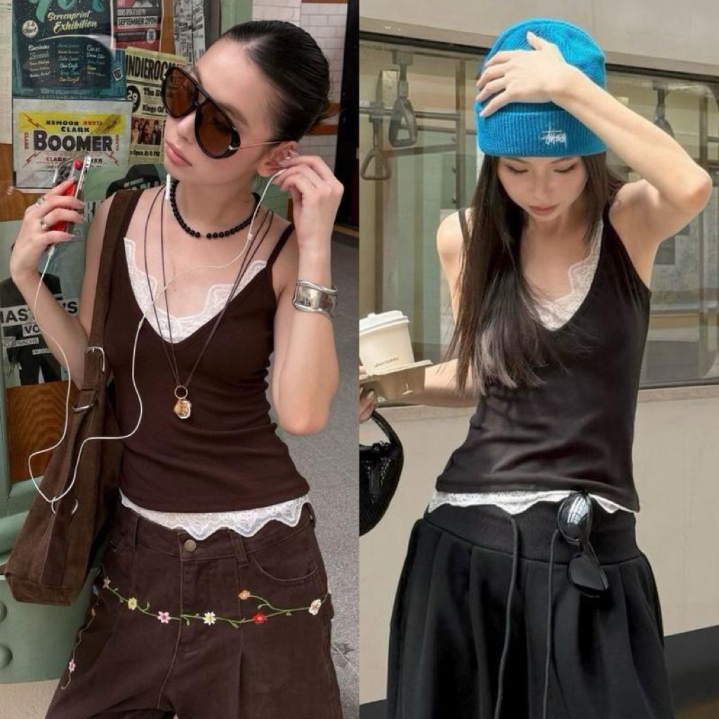 BY0377 เสื้อสายเดี่ยวไหมพรมแต่งลูกไม้ครอป benly co