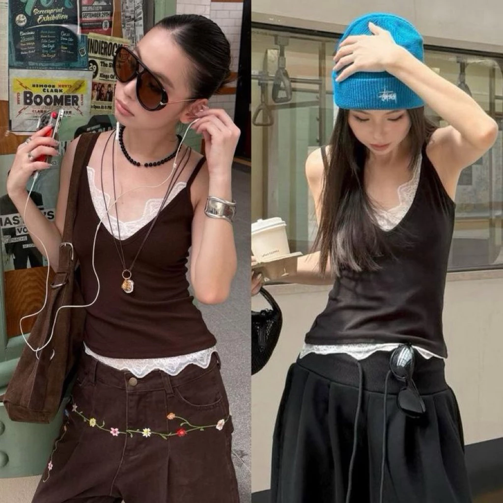BY0377 เสื้อสายเดี่ยวไหมพรมแต่งลูกไม้ครอป benly co