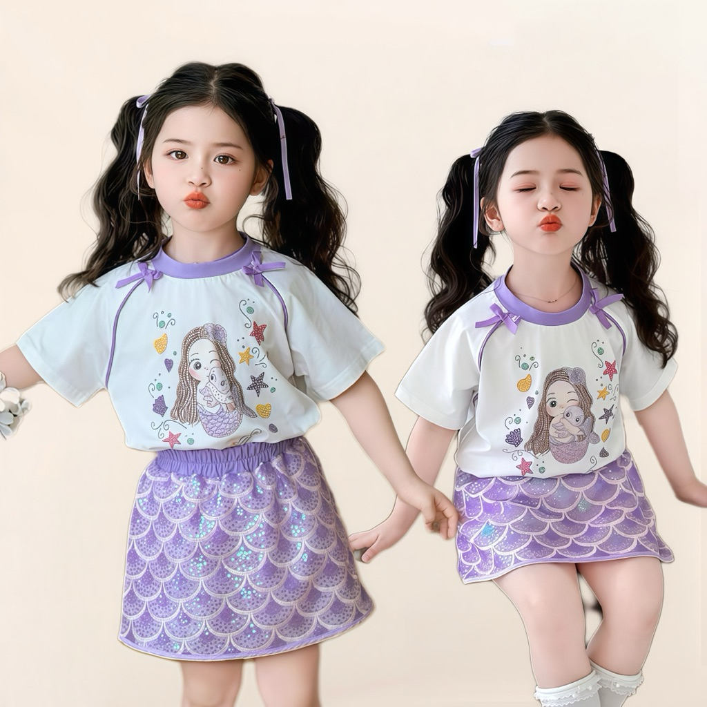 AY116 เซ็ตเสื้อผ้าเด็กผู้หญิง เสื้อแขนสั้น + กระโปรงลายเกล็ดปลา สีม่วงวิ้งๆ สไตล์เมอร์เมด  ‍♀️