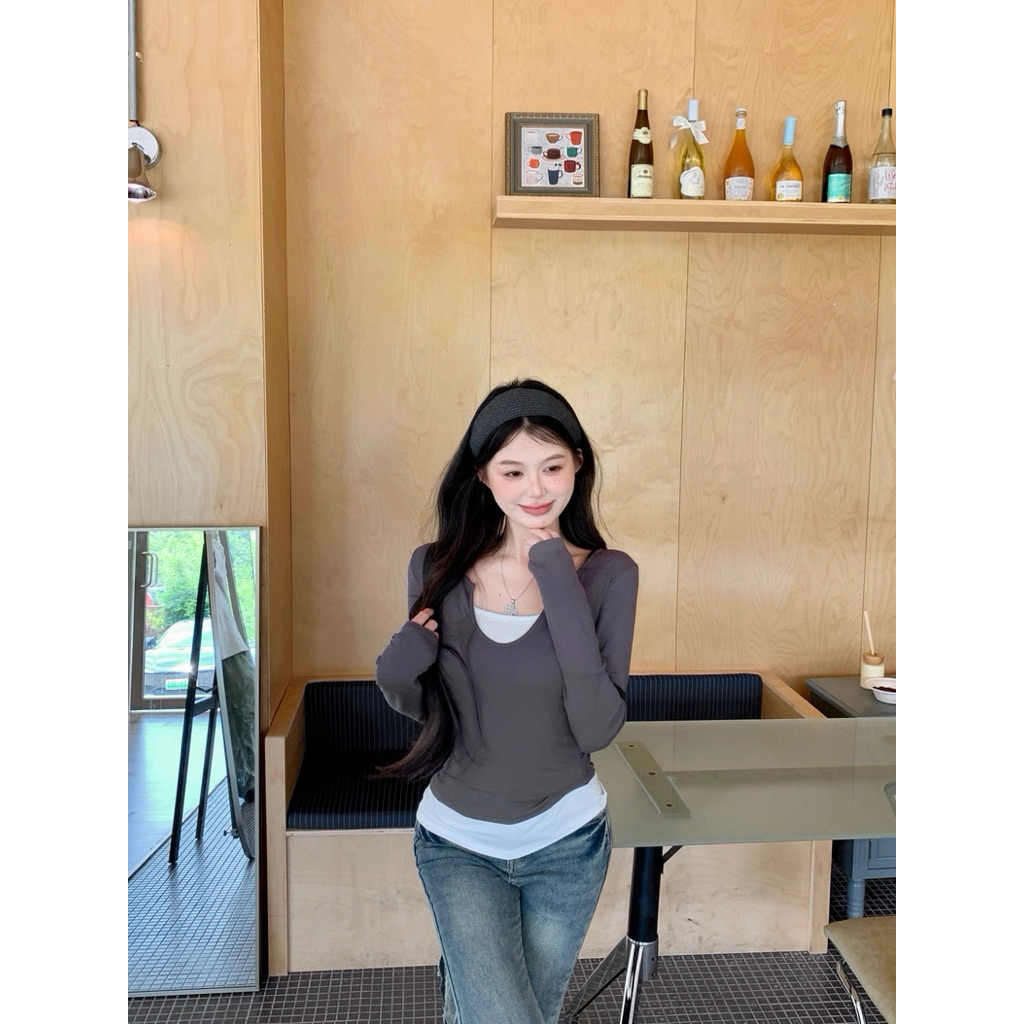 STR พร้อมส่ง🧺🍡เสื้อยืดแขนยาว เสื้อ2ชิ้นติดกัน ผ้าดีทรงเข้ารูป แต่งตัวง่ายใส่ได้ทุกวัน คิวีสีพื้น สไตล์ลำลองสำหรับผู้หญิง - รูปที่ 4