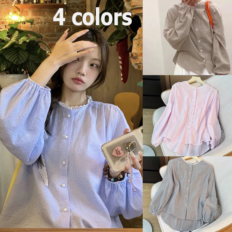 Cuites 🔥 เสื้อเชิ้ตแขนยาวผู้หญิงสไตล์เกาหลี ลายทาง สีพาสเทล เกาหลีแฟชั่นผู้หญิง W531