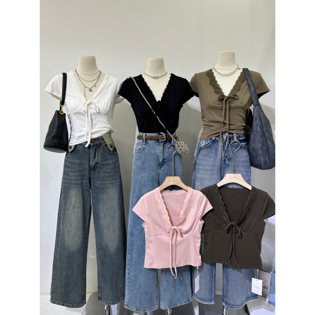 MATINEE M1971 เสื้อยืดคอวีแต่งลูกไม้ สไตล์เกาหลีสุดหวาน ดีเทลโบว์ผูกหน้า ผ้านิ่มยืด ใส่สบาย