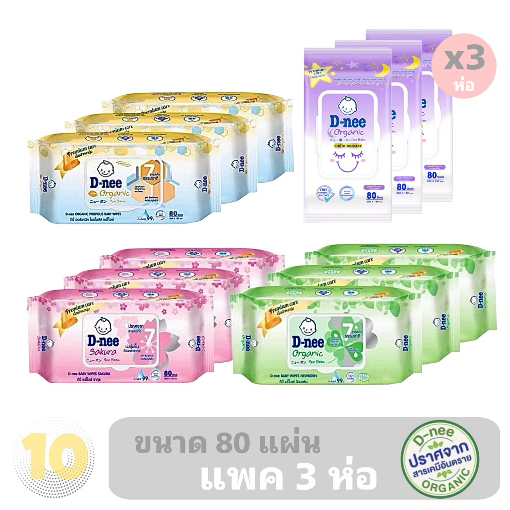 D-nee Wipes ดีนี่ ผ้าเช็ดทำความสะอาดผิวเด็ก ขนาด 80 แผ่น **แพค 3 ห่อ**