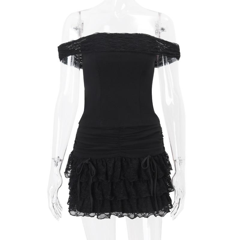 L'NADA【พร้อมส่ง】ชุดเซ็ต Y2Kเสื้อปาดไหล่ พร้อมกระโปรงระบายสีดำ มีSize (250810) - รูปที่ 4