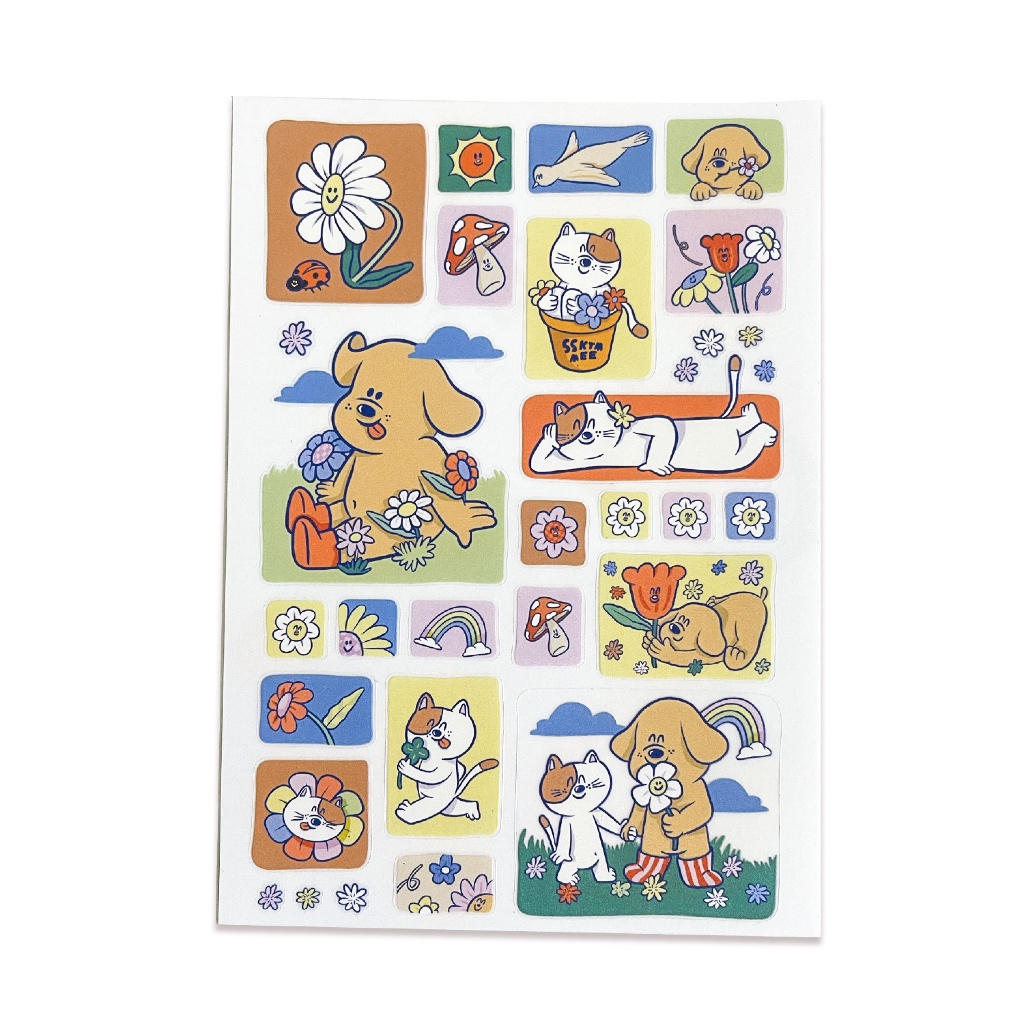 ssktmmee - Sticker (Tails in blooms) น้องหมาน้องแมวและดอกไม้ กันน้ำ ลอกไม่ทิ้งคราบ