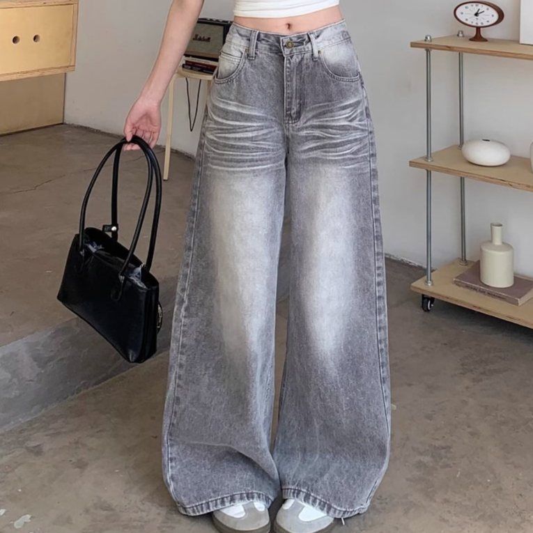 กางเกงยีนส์วินเทจ เอวสูง สีเทา ทรงหลวม ผ้านุ่ม สวยเก๋