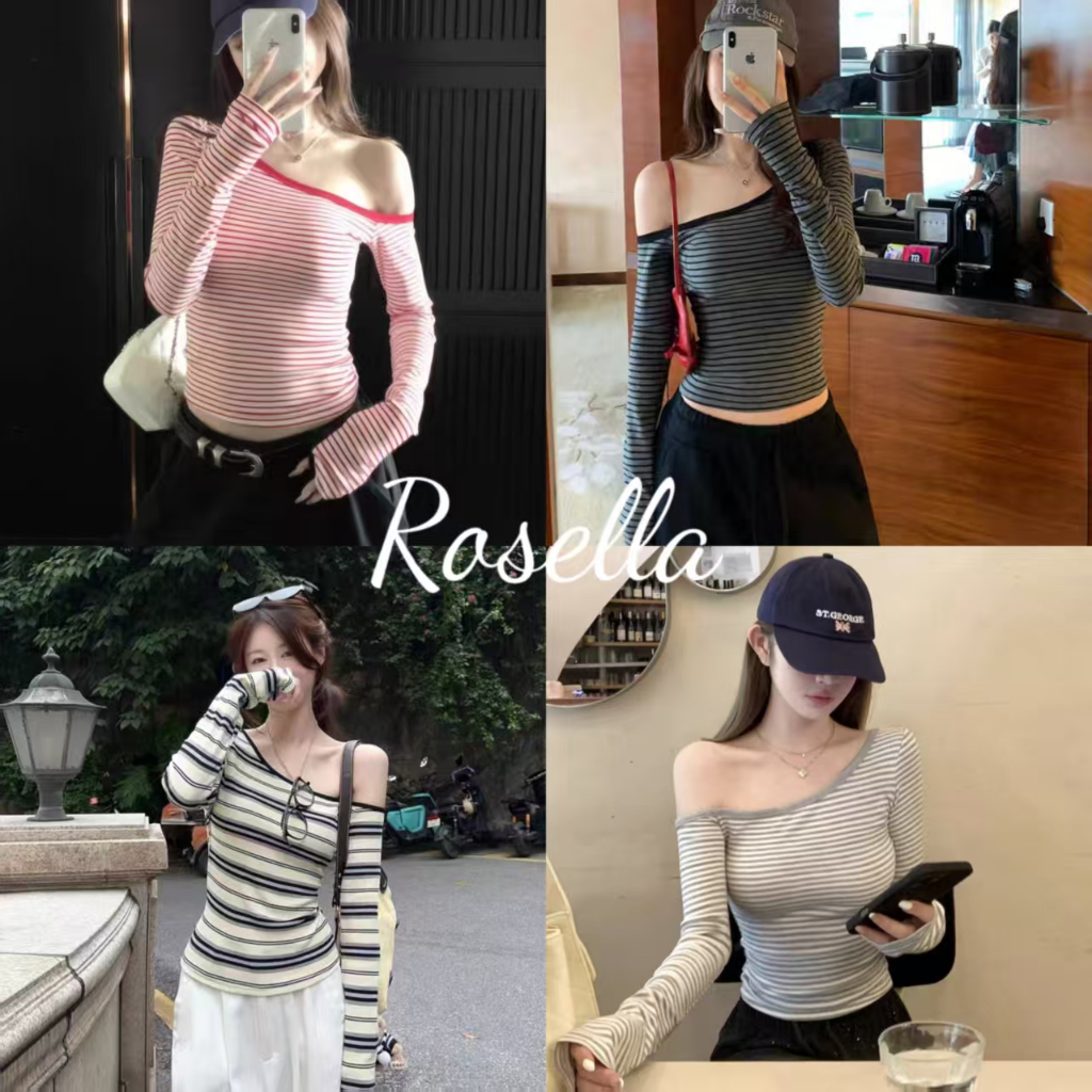 Rosella【สินค้าใหม่👗】เสื้อยืดแขนยาวลายทางสไตล์เกาหลีสำหรับผู้หญิงช่วงฤดูร้อนปี 2025 ดีไซน์ใหม่เข้ารูปและเข้าได้หลายโอกาส