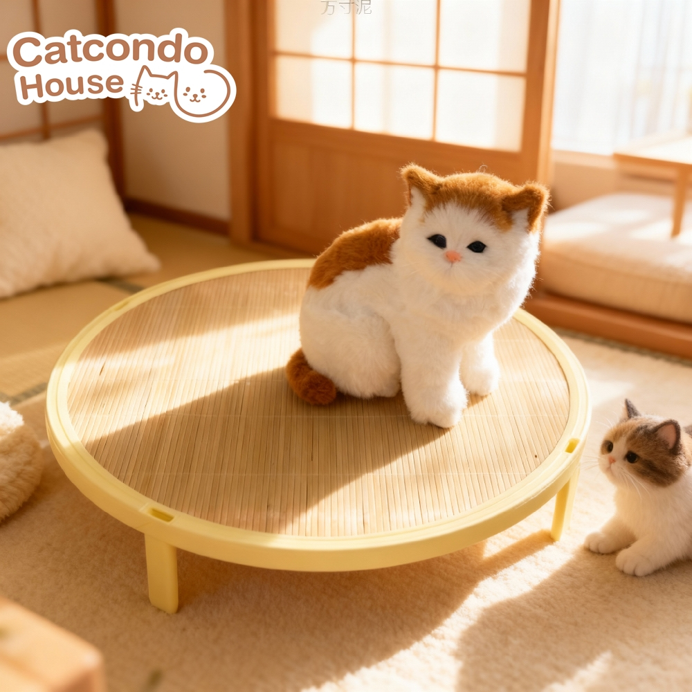 Cathouse เตียงไผ่กลม42x42cm ที่นอนแมว เตียงแมวไม้ไผ่ยกพื้น ระบายอากาศดี ป้องกันความชื้น ใช้ได้ 4 ฤดู ขนาด 42x42x8 ซม.