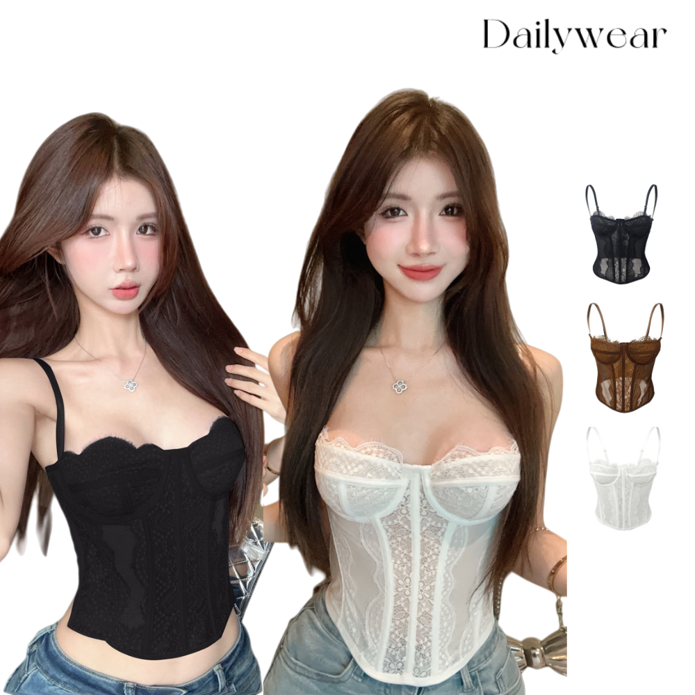 Dailywear พร้อมส่ง✨ สวมสายเอี๊ยมไว้ข้างนอก  พร้อมแผ่นรองหน้าอกและแหวนเหล็ก ลูกไม้ขนตา ซีทรู เสื้อคลุมสลิง สำหรับสาวๆ1