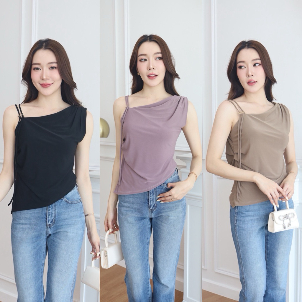 เสื้อแขนกุด ไหล่เฉียง แต่งสายเดี่ยวดับเบิ้ล สุดหรู