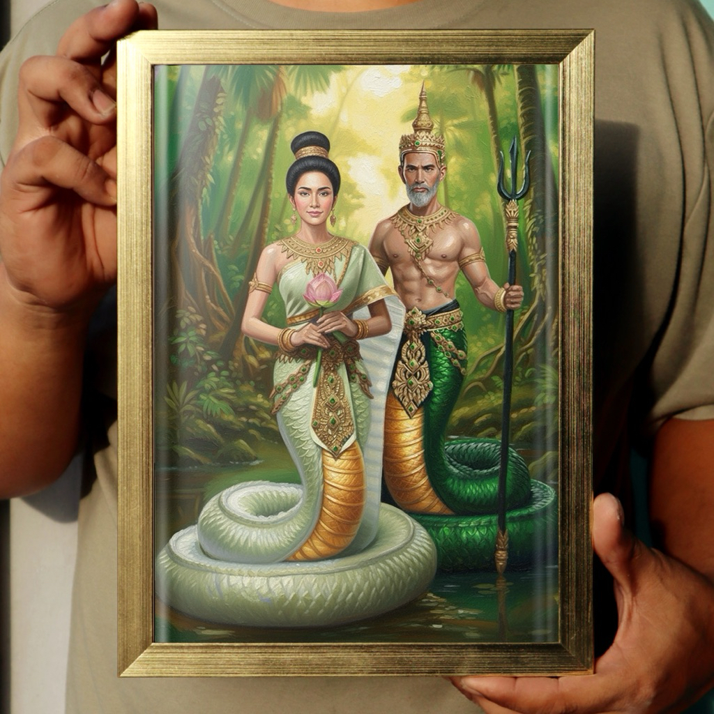 กรอบรูปพ่อปู่ศรีสุทโธนาคราช แม่ย่าศรีปทุมมานาคีนี ขนาด32.0x23.5เซนติเมตร เรื่องโชคลาภและความมั่งคั่ง