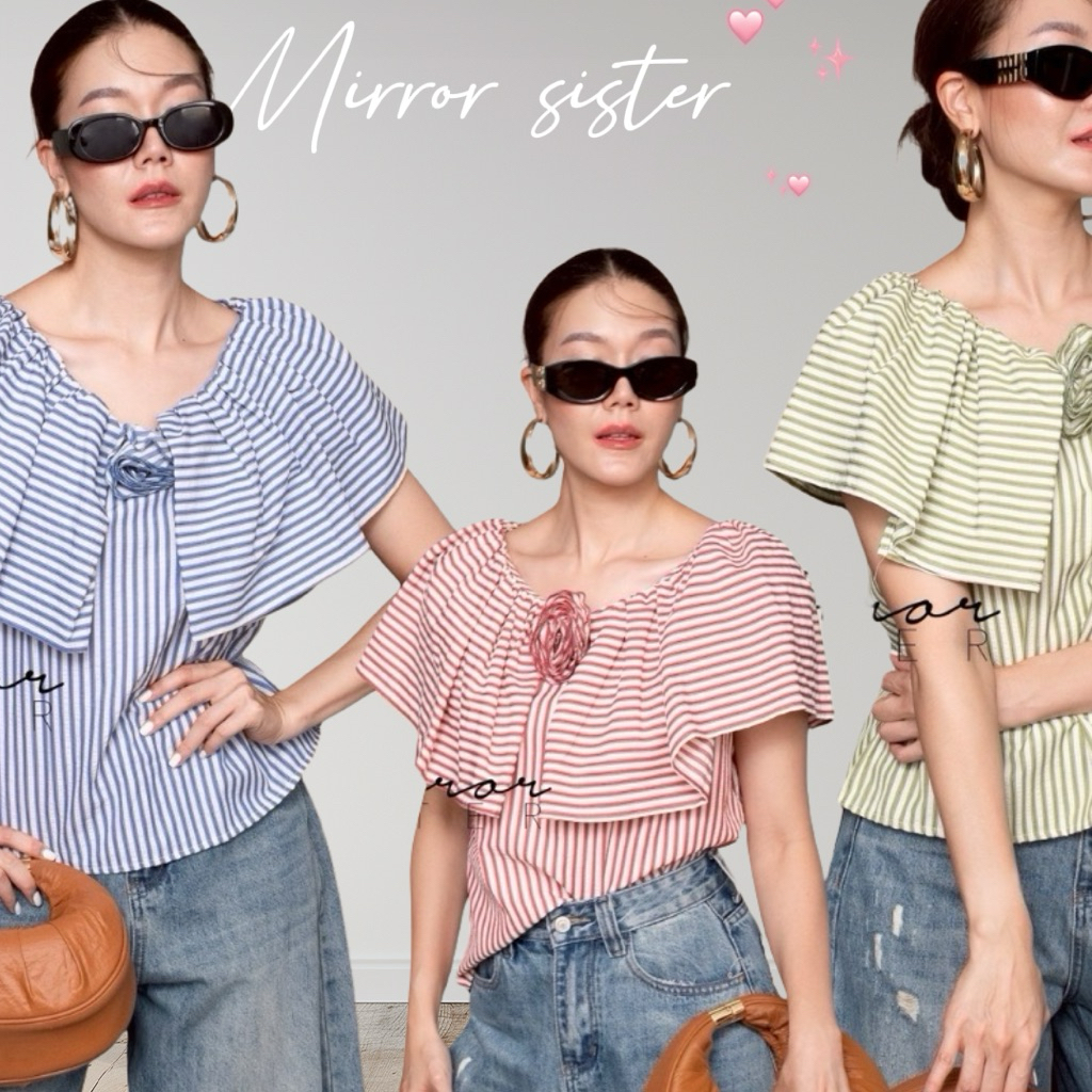 MirrorsisteR 51002.1 • เสื้อคอระบาย ผ้าลายทางน่ารัก พร้อมเข็มกลัดดอกไม้