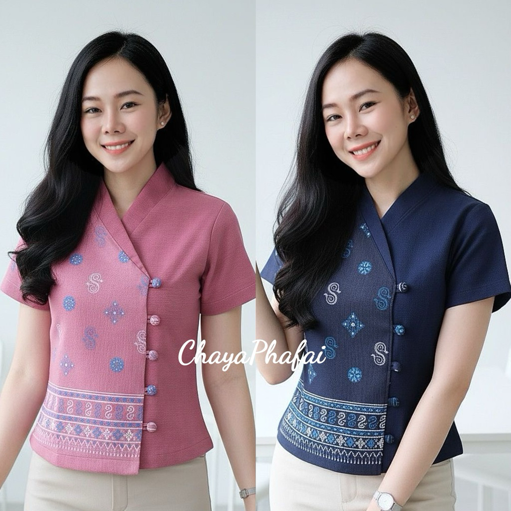 เสื้อผ้าฝ้ายอัดกาวป้ายข้างแขนสั้น ลายดอกรักราชกัญญา