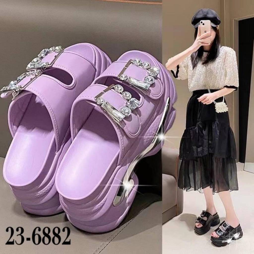 รองเท้าส้นขนมปังหนัง PU สูง 4 นิ้ว เสริม Platform 2 นิ้ว รุ่น 23-6882