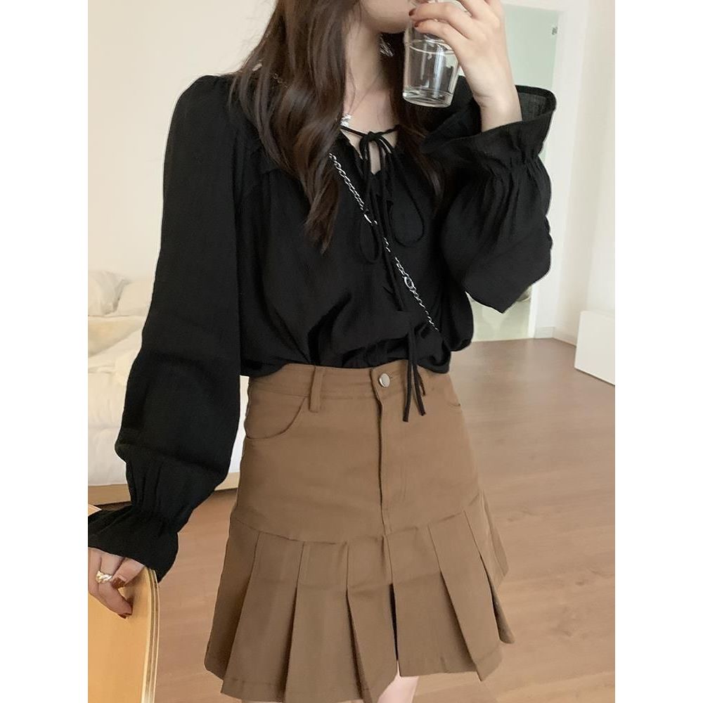 MONA~สีดำ สายรัด ลูกไม้ แขนยาว เสื้อเชิ้ต รุ่นใหม่ สไตล์แฟชั่น ราคา ถูกที่สุด ดีลบีเคเค แกลเลอรีภาพที่ 5