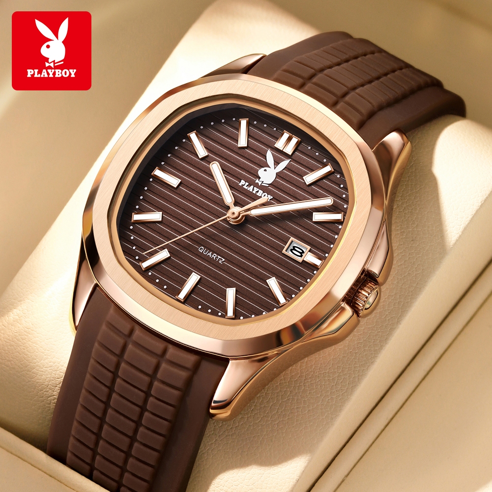 PLAYBOY ผู้ชาย นาฬิกา แท้ ยาง สายนาฬิกา กันน้ำ กีฬา หนุ่มสาว แฟชั่น สีน้ำตาล 310