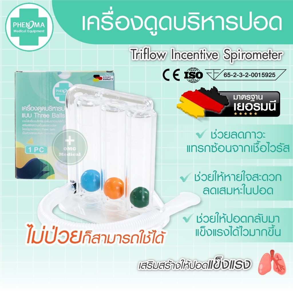 เครื่องบริหารปอด PHENOMA Triflow incentive spirometer 3- Ball ออกกำลังปอด ก่อนหลังผ่าตัด