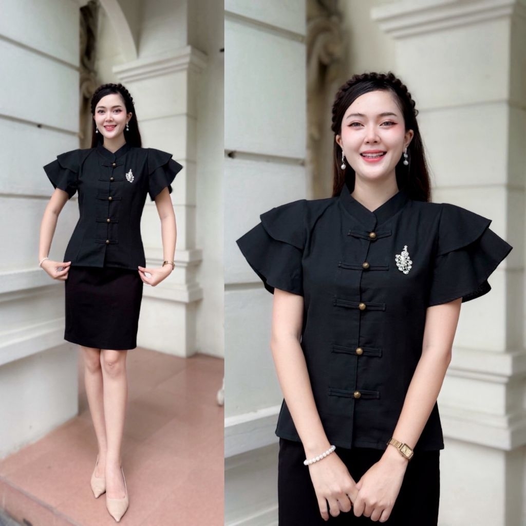 เสื้อสีดำงานผ้าฝ้าย#ไม่อัดกาวผ้าไม่บางใส่สบาย - รูปที่ 5