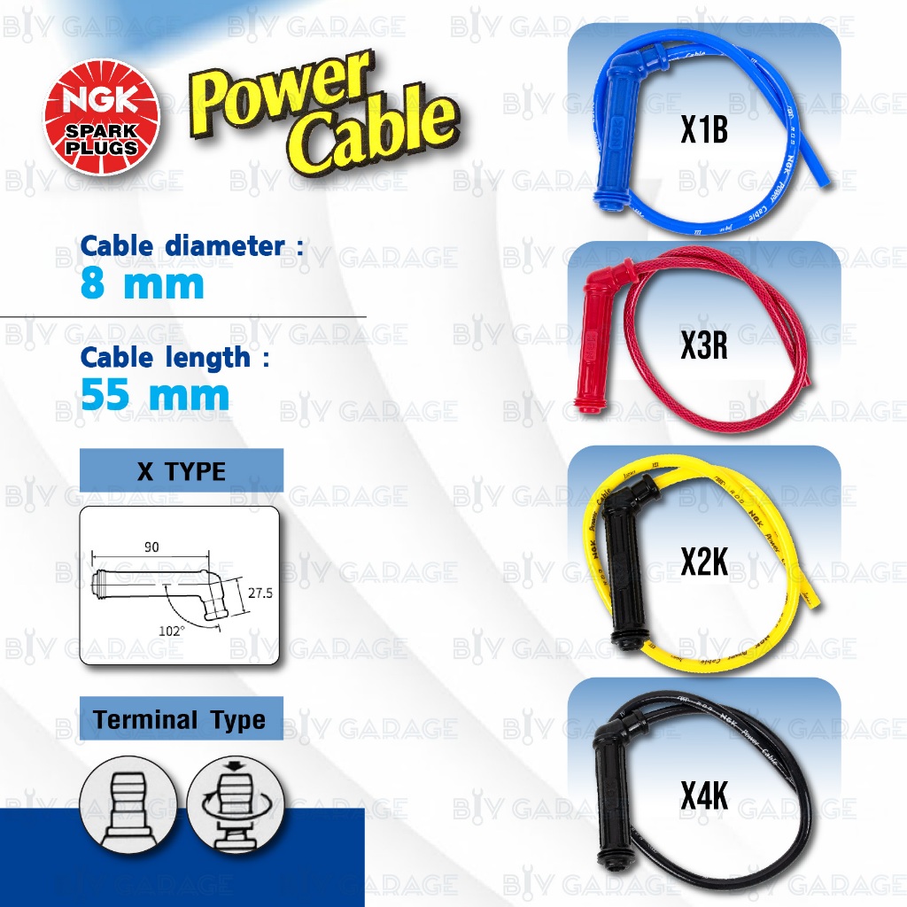 NGK Power Cable [ X Type : X1B / X2K / X4K / X3R ] สายหัวเทียนแต่ง พร้อมปลั๊กและตัวต่อกับสายเดิม ข้อ102° [ เลือกสีได้ ]