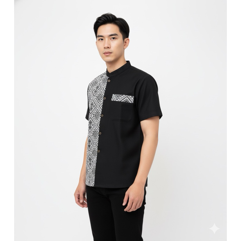 เสื้อผ้าฝ้ายแท้ตกแต่งผ้าพิมพ์ลายขิดสีดำชาย(ผ้าตกแต่งสีกรมเข้ม)