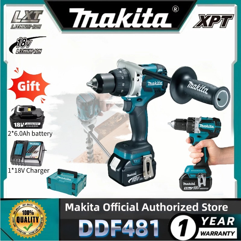 Makita DDF481 สว่านไฟฟ้าแบบไม่มีแปรงด้ามจับสว่านไฟฟ้าแบบไร้สาย 18V6.0Ah แบตเตอรี่ลิเธียมแบบชาร์จไฟได
