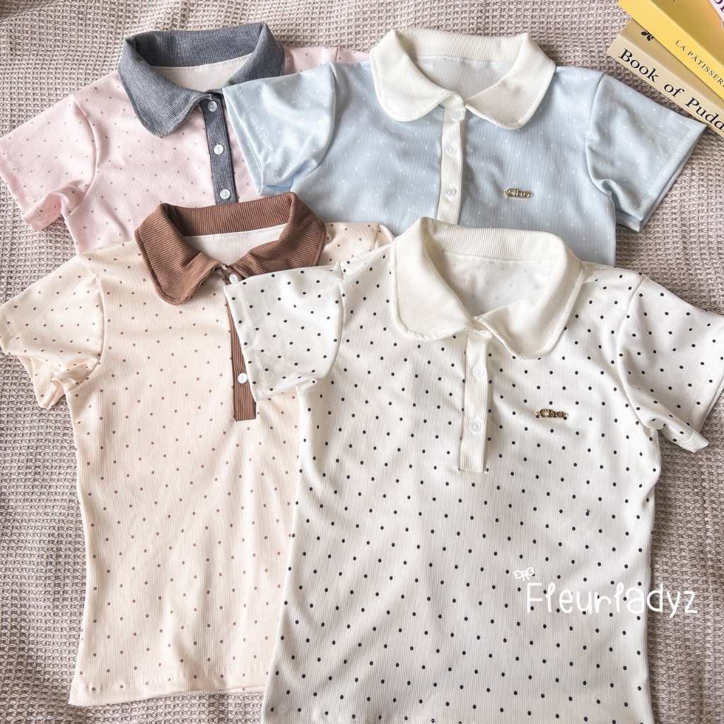 Fleurladyz เสื้อโปโล ผ้าร่อง เสื้อคอปกทูโทนสไตล์เกาหลี