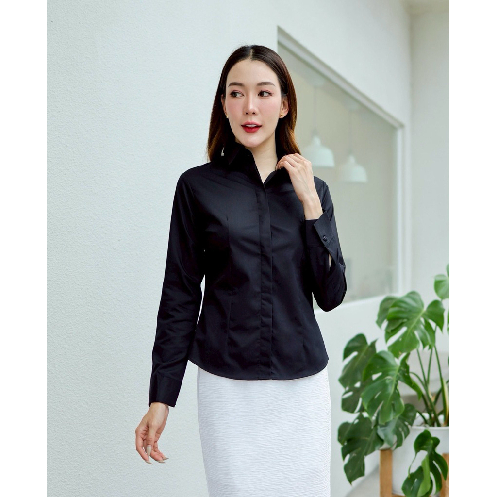 👚เสื้อเชิ้ตผู้หญิงแขนยาว เข้ารูป ผ้านุ่มใส่สบายใส่ทำงาน ใส่สมัครงาน ใส่เที่ยวได้ มี S-4XL (ซ่อนกระดุม)