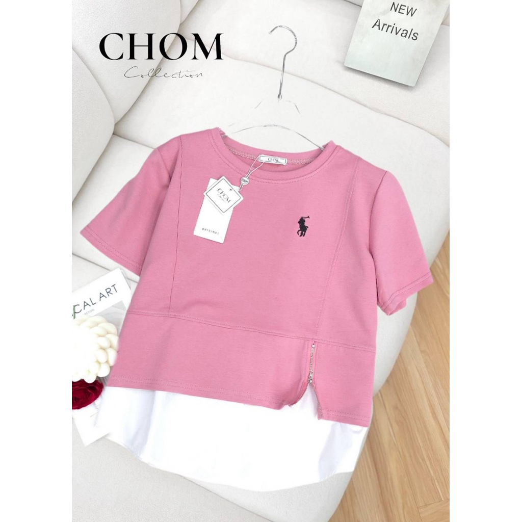 พร้อมส่ง 🎉 เสื้อยืดป้ายChom เสื้อยืดผู้หญิง อกหน้าผ้า42 ยาว24 ผ้ายืด ผ้านาโน คอกลม แขนสั้น แต่งลายเสื้อด้วย