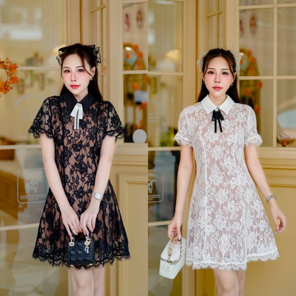 ❌พร้อมส่งS-4XL❌ป้าย Si-am เดรสลูกไม้มี2 สี ดำ/ขาว ใส่ออกงาน คอปก ติดเข็มกลัดโบว์ สวยน่ารักมาก