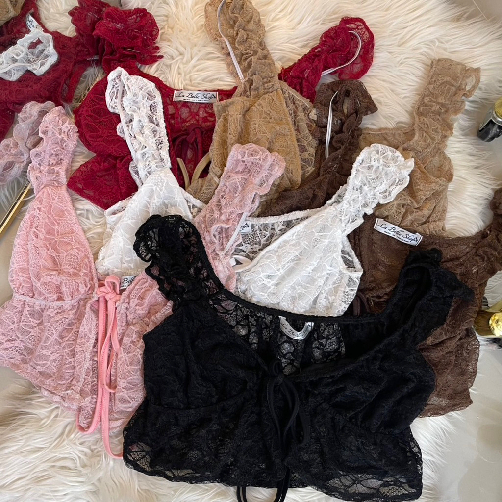 เสื้อแขนตุ๊กตาลูกไม้ผูกหน้าแต่งชายระบายLB