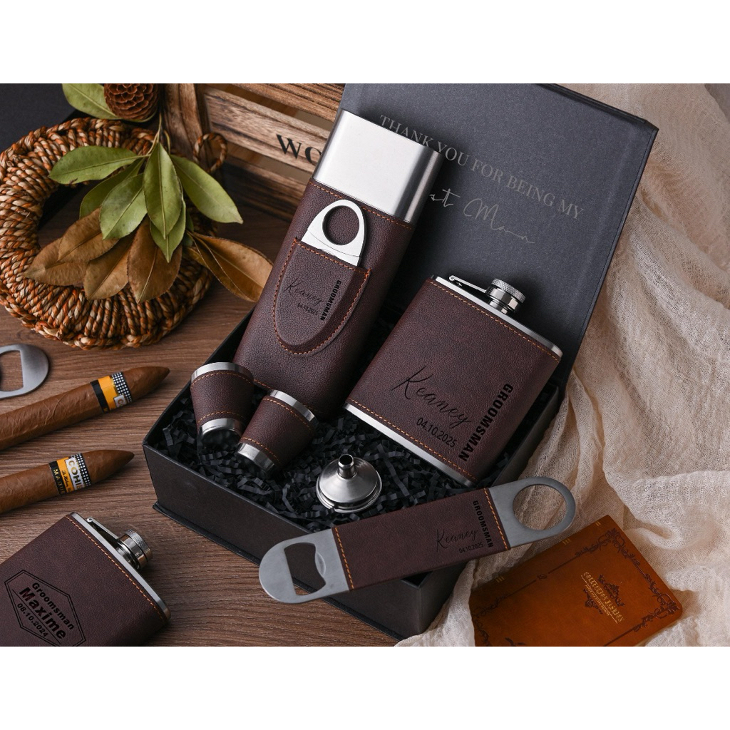 นำเข้า Personalized PU leather cigar box, custom men's gift box,groomsmen gifts,cigar box and bottle