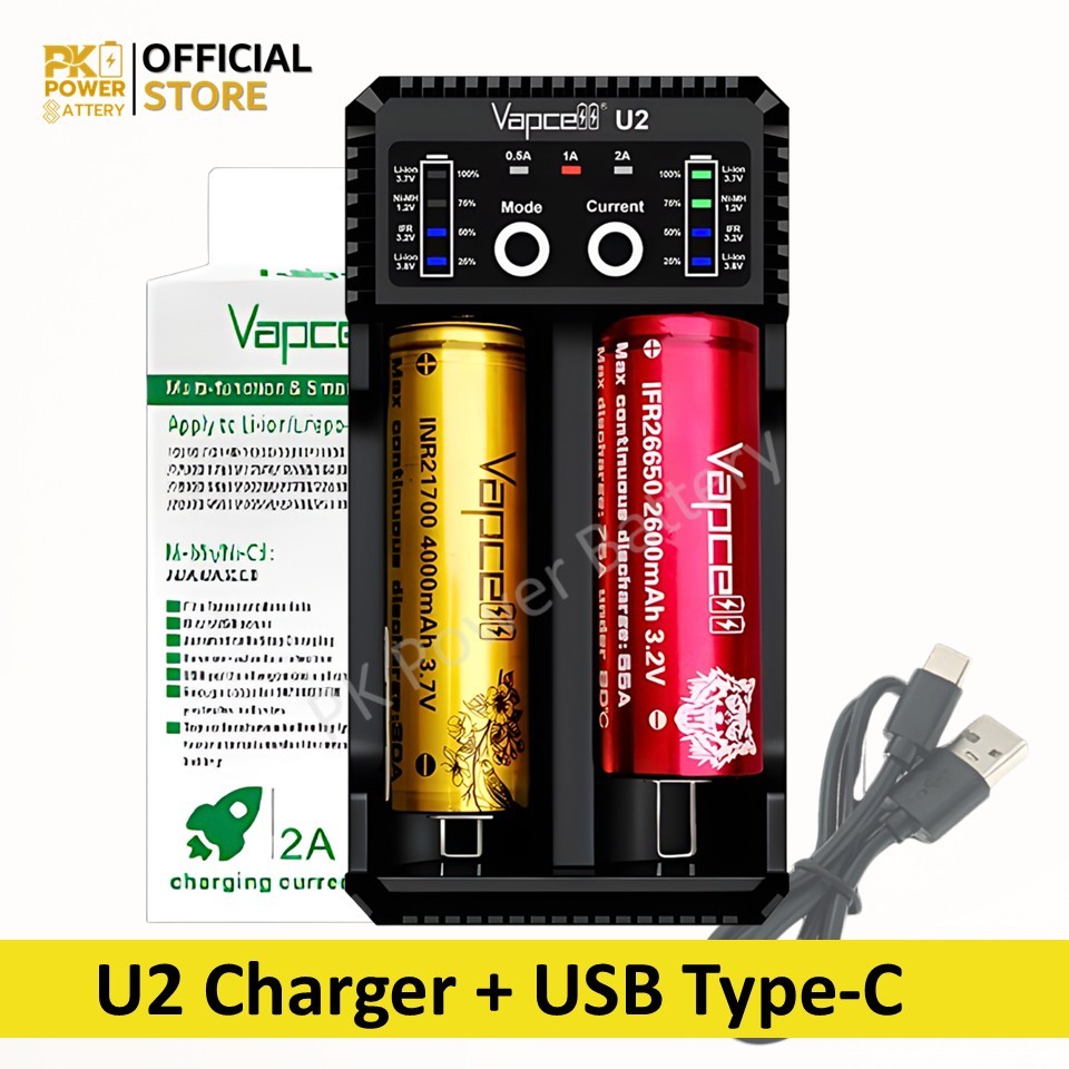 เครื่องชาร์จ Vapcell U2 ชาร์จแรงสูงสุด 2A (ราคาไม่รวมถ่าน)