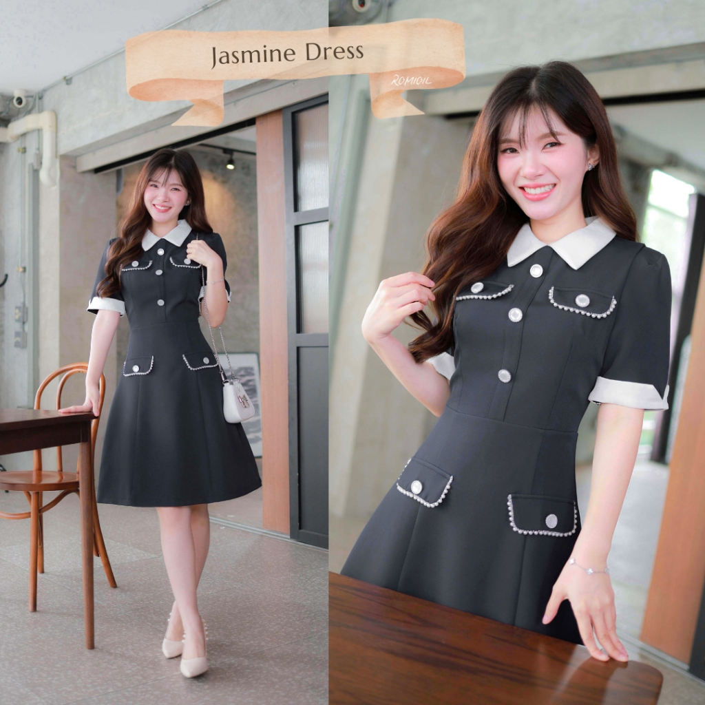 "Romi"Oil" Jasmine Dress (Black) K335 ชุดเดรสสีดำ (คอปกสีขาวแต่งกระดุม)