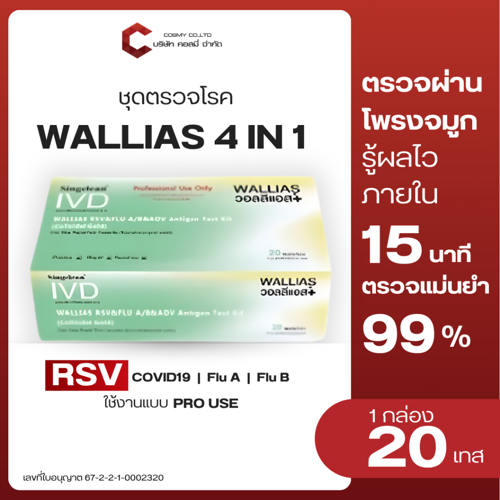 Wallias ชุดตรวจไข้หวัดใหญ่ RSV  4in1  ยี่ห้อWallias 1กล่อง20ชุดตรวจ แบบตลับ พร้อมจัดส่ง
