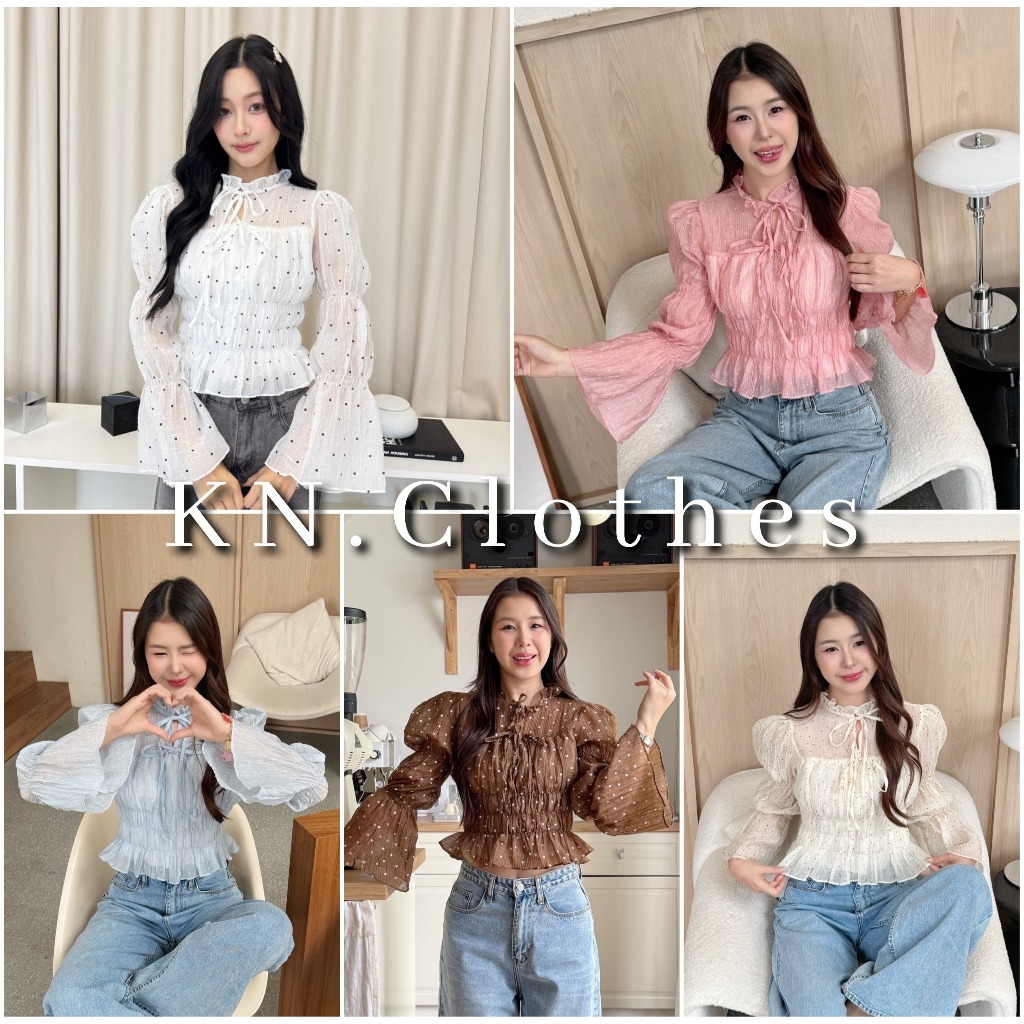 Muffin top : เสื้อแขนบอลลูน สม็อครอบตัว แต่งกุ้นโบว์ KN.Clothes