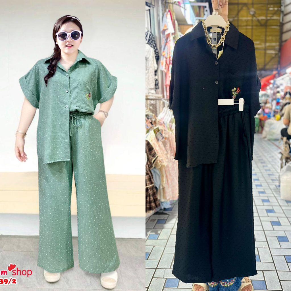 ชุดเซ็ทแฟชั่นสาวอวบรุ่นเสื้อแขนเบิ้ล 💐ปักดอกไม้+กางเกงขายาว ทรงสวยผ้าปุ่มเม็ดทรายเนื้อนิ่มมาก