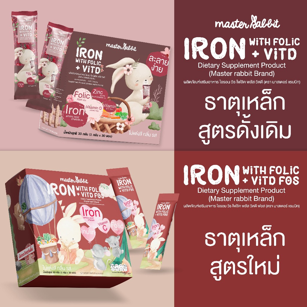ธาตุเหล็ก 2 สูตร — สูตรใหม่ (ไม่ผสมนมวัว) & สูตรเดิม (มีนมวัว) ผลิตภัณฑ์เสริมอาหาร Master Rabbit Iron With Folic + Vit D