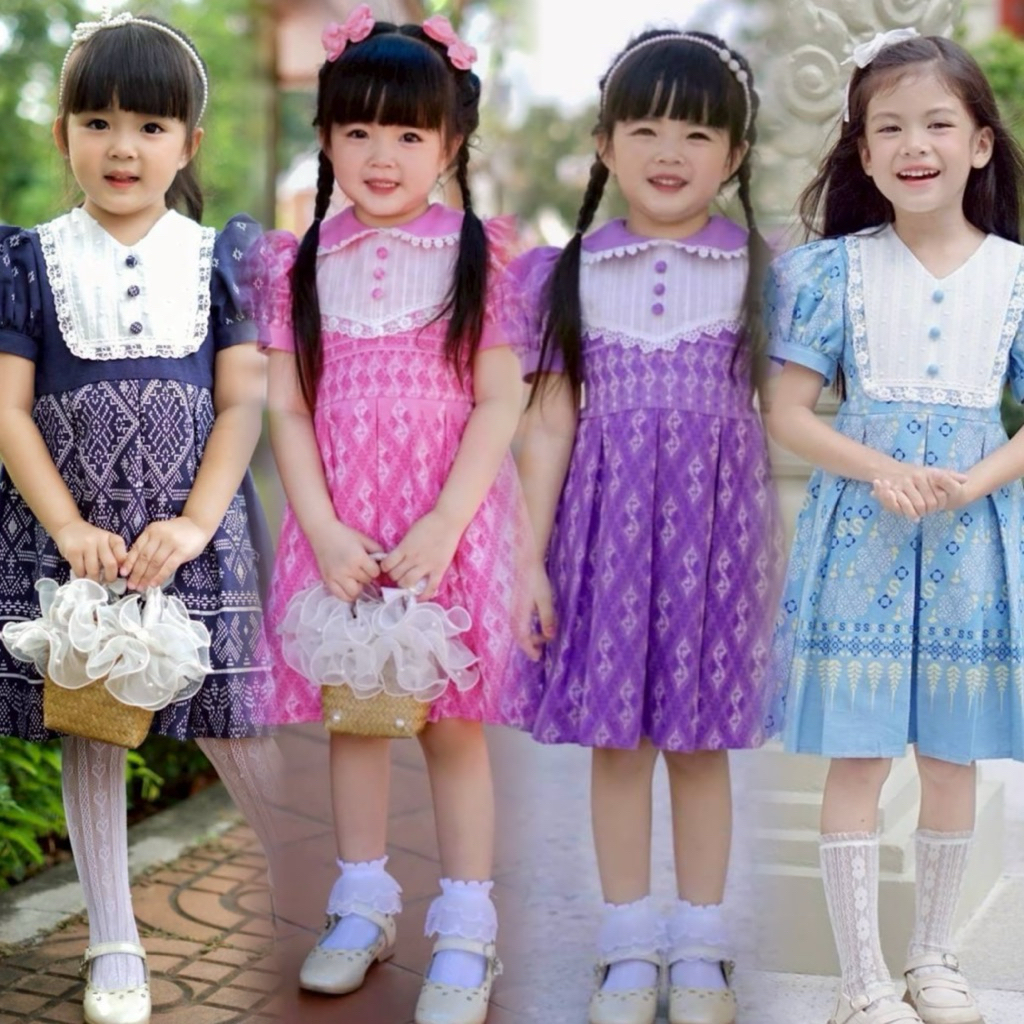 (Ta) ชุดไทยเด็ก ชุดเดรสลายไทย ชุดไทยประยุกต์เด็กหญิง