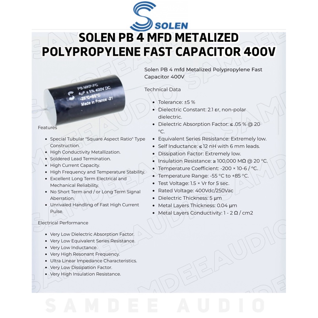 ราคาต่อ1ชิ้น/Solen PB 4 mfd Metalized Polypropylene Fast Capacitor 400V