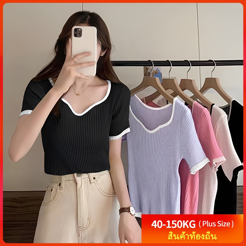 เสื้อยืดโอเวอร์ไซส์ ผู้หญิง ฤดูร้อน สไตล์เกาหลี ธรรมดา คอวี แฟชั่น เสื้อยืด สีตัดกัน พลัสไซส์ ท็อปส์ซู สลิมฟิต สวมใส่หวา