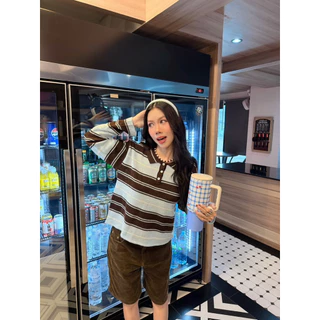 BY IRA Friday Sweater เสื้อโปโลแขนยาวผ้าไหมพรมทอลายทาง กระดุมหน้า ผ้าดีมาก