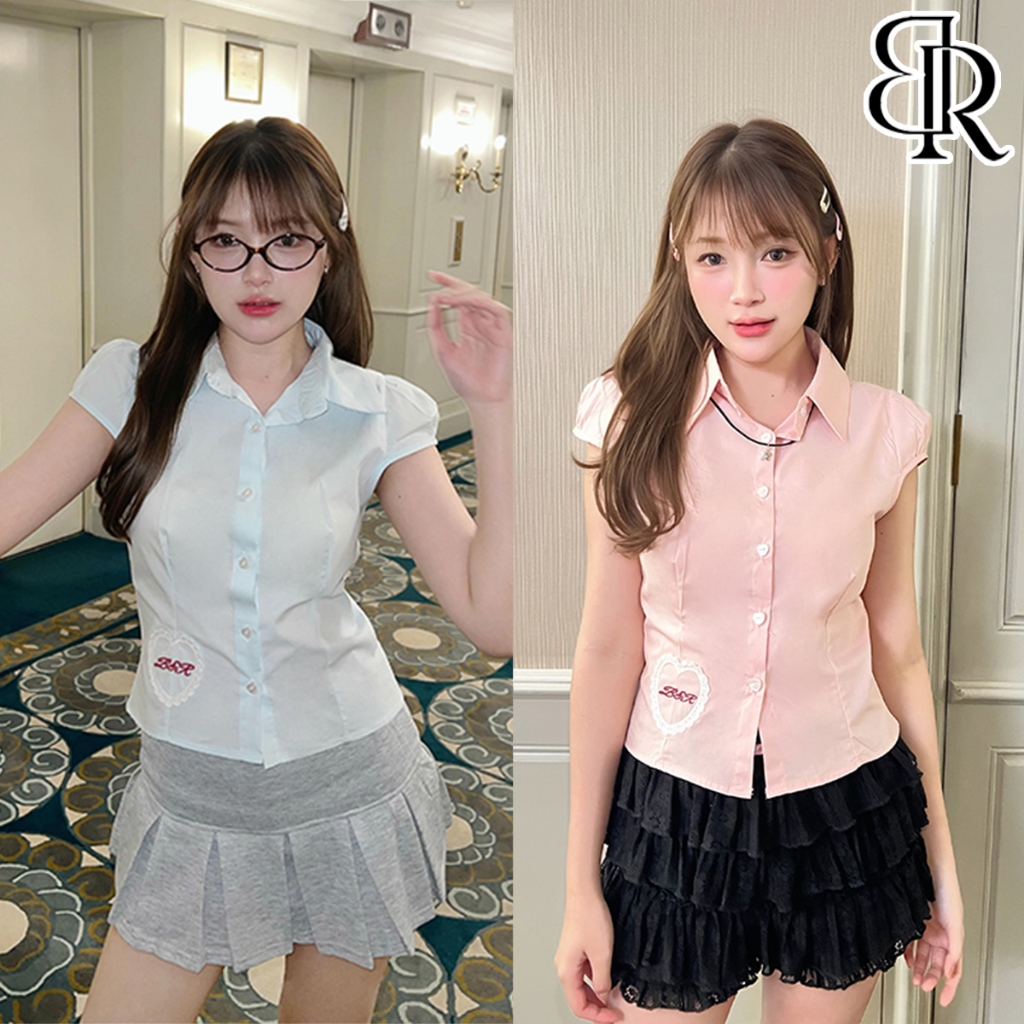 B&R พร้อมส่ง เสื้อเบลาส์ผู้หญิง เสื้อเชิ้ตแขนสั้นผู้หญิง ดีไซน์น่ารักสายรัดหลัง ลายปักลวดลาย ขนาด S-XL