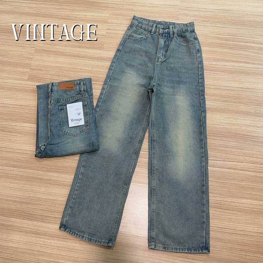 Vintage รุ่น #1019 กางเกงยีนส์ ทรงกระบอก แต่งเฟดขา ทรงสวยผ้าไม่ยืด