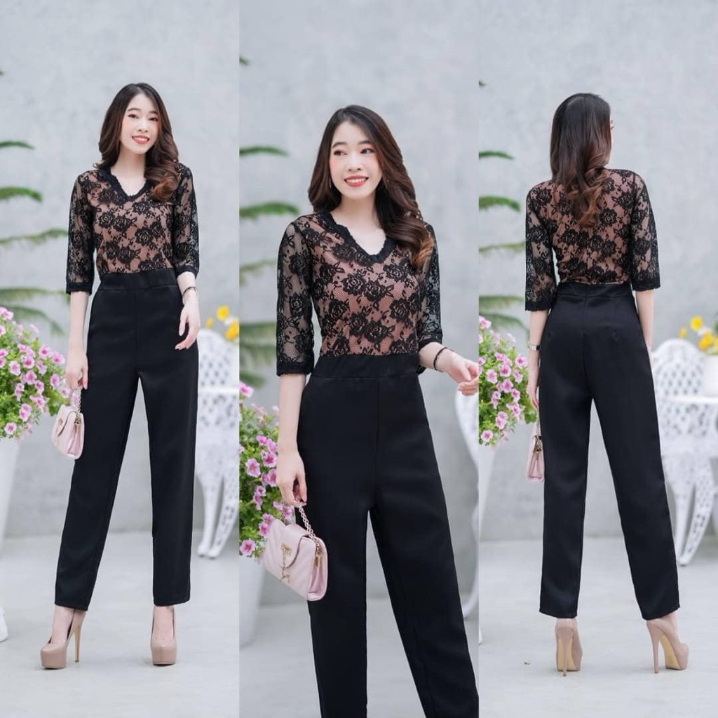 hbstation.shop เสื้อผ้าผู้หญิง จั้มสูทลูกไม้ สีดำ พร้อมส่ง