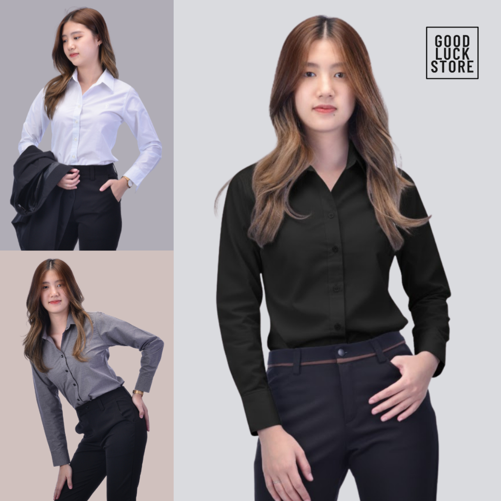 เสื้อเชิ้ตผู้หญิง แขนยาว ทรงเข้ารูป - สไตล์เกาหลี / ไซส์ 34-46" ( 13สี )